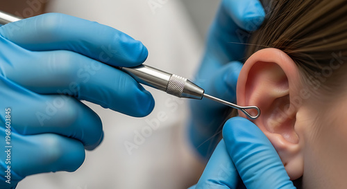 Professional ear cleaning procedure with a medical tool and gloved hands