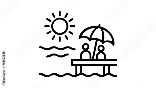 Minimalist vector icon illustration of a romantic couple sitting under a beach umbrella on a wooden pier at sunset, overlooking calm ocean waves. Ideal for summer vacation and travel designs.
