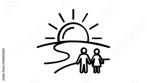 Minimalist vector icon illustration of a man and woman standing together on a path watching a beautiful sunrise or sunset over the horizon, symbolic of love, romance, and a shared future.