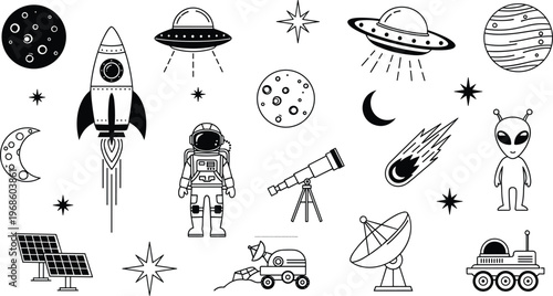 Space exploration icon set featuring rocket astronaut planets ufo satellite telescope rover silhouette collection isolated on white background