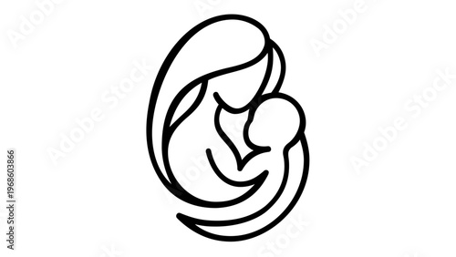 Minimalist vector icon illustration of a mother holding her baby in a loving embrace. Elegant black line art design representing motherhood, family bond, and maternal care. Scalable AI-generated