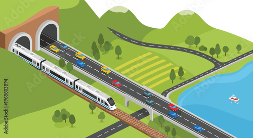 Isometric view of a modern high speed train passing through a mountain tunnel alongside a busy highway with colorful cars.