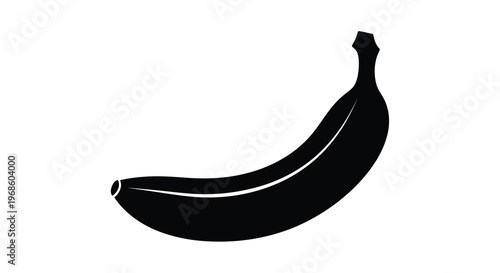 A simple black silhouette of a curved banana on a white background