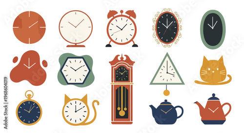 Flat vector illustration featuring an assortment of clocks in different shapes and styles, from traditional to whimsical.