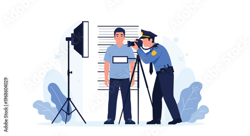 Police officer in uniform using a professional camera to take a mugshot of a suspect standing in front of a measurement chart.