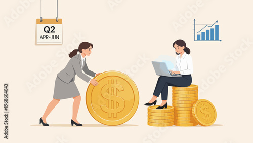 Businesswomen with coins and laptop