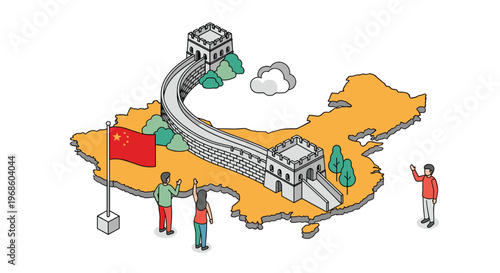 Isometric map of China featuring the Great Wall, national flag, and people waving to represent tourism and cultural heritage.