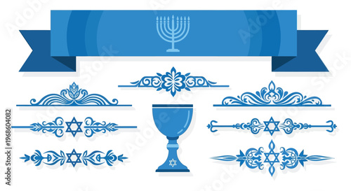 A collection of jewish holiday symbols including a menorah star of david and chalice in a decorative design silhouette high quality