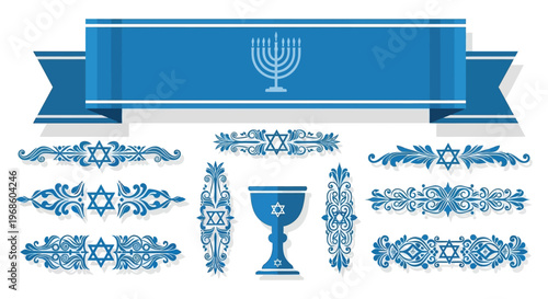 A festive blue banner displays a menorah and decorative elements alongside jewish ornaments a ribbon and a silhouette high quality professional