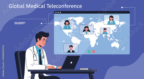 Male doctor using a laptop to participate in a global medical teleconference with diverse healthcare professionals on a map.