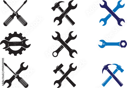 Black icons of various tools and equipment for repair and maintenance isolated on white background
