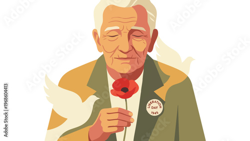 Veteran Holding Poppy Flower with Doves on Liberation Day