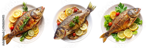Set of a fish on a plate with lemons and lettuce isolated on a transparent background