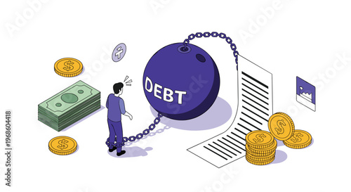 Stressed man chained by the ankles to a massive purple debt weight while surrounded by bills and stacks of money.