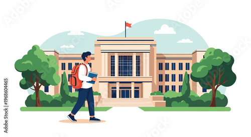 Young male student carrying books and a backpack while walking across the campus in front of a grand university building.