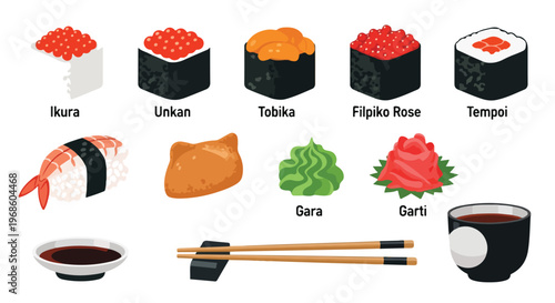 An illustrated collection of various Japanese sushi types including nigiri, maki, and gunkan, with traditional accompaniments like wasabi, pickled ginger, so...