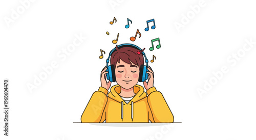 Young man wearing headphones listening to music with floating musical notes