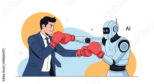 Determined businessman wearing red boxing gloves competing in a fight against a sophisticated AI robot in a professional setting.
