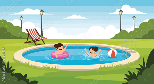 Two happy children splashing and playing with a beach ball and an inflatable ring in a round backyard swimming pool.
