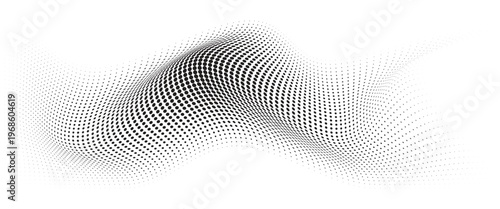 Flowing Wave Dot Halftone Pattern: Curve Gradient Shape on Transparent Background. Suitable for AI, Tech, Network, Digital, Science, and Technology Themes.