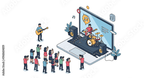 Band of musicians performing a live music concert on a laptop screen while fans take photos with their smartphones.