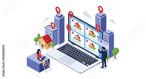 People using a large laptop to browse real estate property listings with location pins representing available houses in the city.