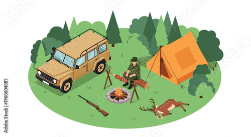 Hunter in camouflage gear sitting at a campsite by a fire next to his off road vehicle and a hunted deer in a forest clearing.