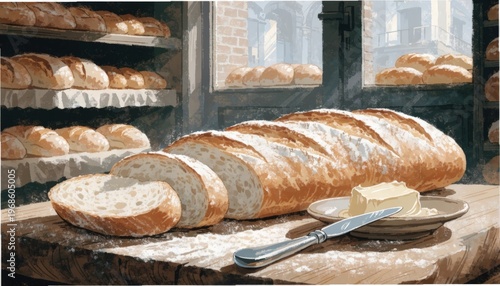Fresh Baguette Sliced with Butter, Rustic Bakery Setting, Gigapixel 4x