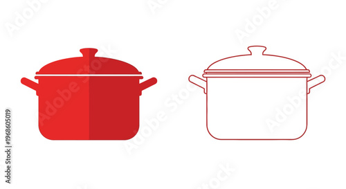 Two cooking pots one red and filled one white and outlined