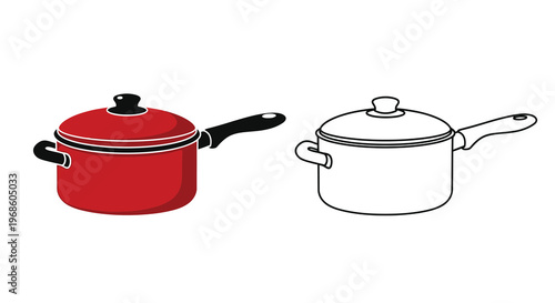 Two saucepans one colored red and one in black and white outline