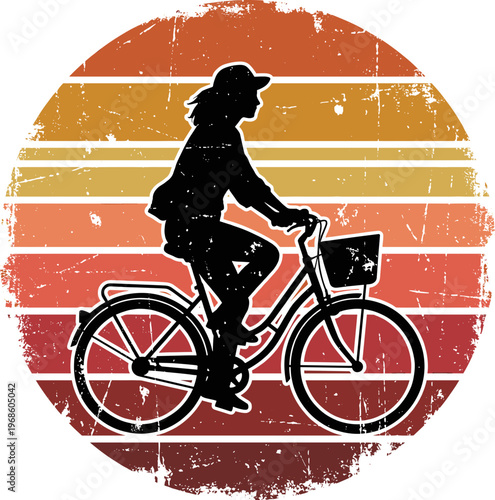 Silhouette of a woman riding a bicycle against a retro sunset background  