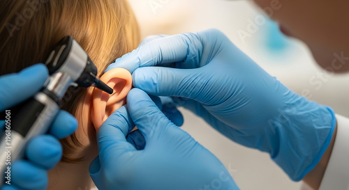 Pediatric ear examination: Doctor with otoscope checking a child's ear for health issues.