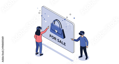 Man and woman wearing virtual reality headsets to browse and select a luxury handbag for sale in a futuristic digital store.