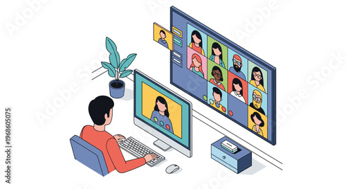 Professional man sitting at his desk and using a dual monitor setup to participate in a large online video conference.