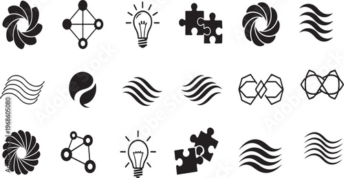 Collection of modern black and white business icons on a white background