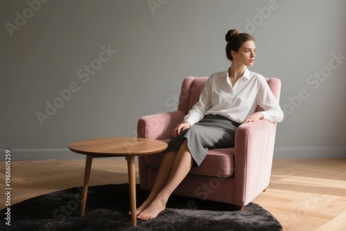 Woman sitting in a pink armchair beside a wooden coffee table in a minimalist room