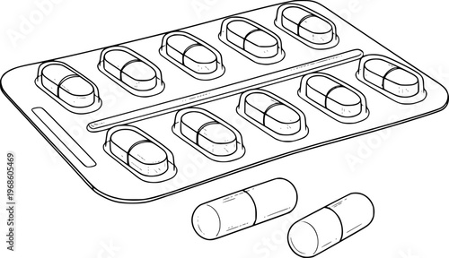Medical blister pack with pills and loose capsules white background medicine