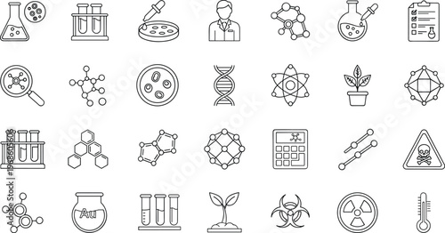 Science and laboratory line icons set featuring chemistry biology molecules dna research experiment symbols for education medical analysis and innovation vector design collection