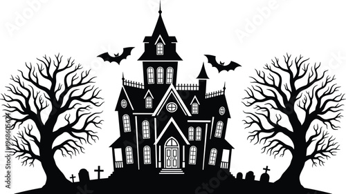 Black silhouette of a spooky haunted mansion with bats, bare trees, and graveyard, isolated on white background, for Halloween designs.