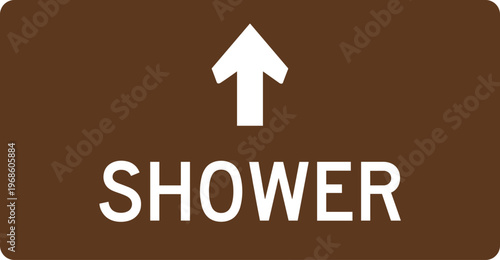 Shower Direction Sign with Up Arrow Brown Wayfinding Design for Restroom Facilities Changing Rooms Hygiene Areas and Public Navigation Systems