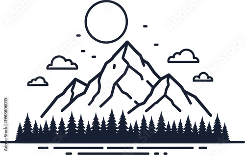 Minimalist line art illustration portraying a majestic mountain range with lush pine forests, a bright sun, and peaceful clouds.