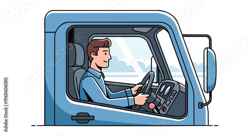 Professional Truck Driver Operating Heavy Vehicle Illustration