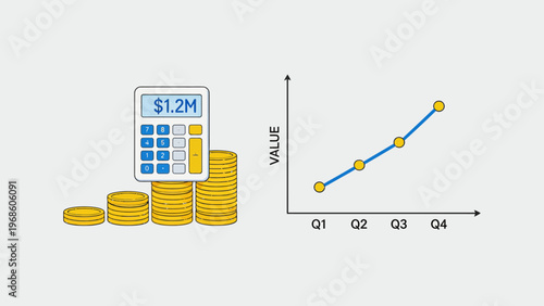 Financial growth chart with calculator and coins