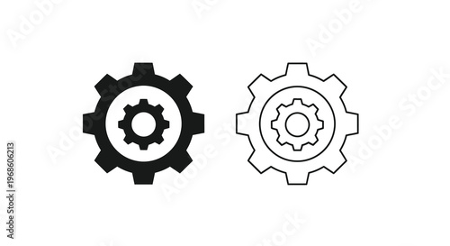 Two gear icons a filled black version and a hollow white outline
