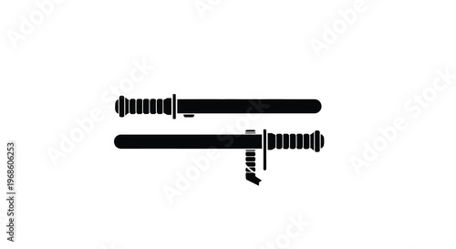 Two black silhouette images of futuristic energy swords or light sabers