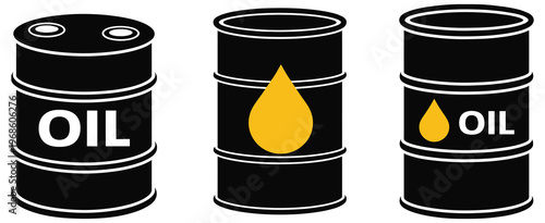 Industrial oil barrels, fuel and chemical storage containers, petroleum and petrochemical industry symbols, modern flat vector illustration isolated on white.