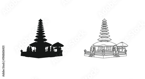 Two renderings of a traditional balinese hindu temple structure in black and white
