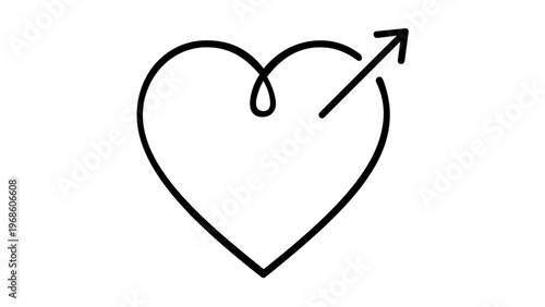 Minimalist Vector Icon Illustration of a Heart Combined with a Male Mars Symbol in a Continuous Line Art Style, Representing Masculine Love, Gay Pride, Men's Health, and Romantic Relationships