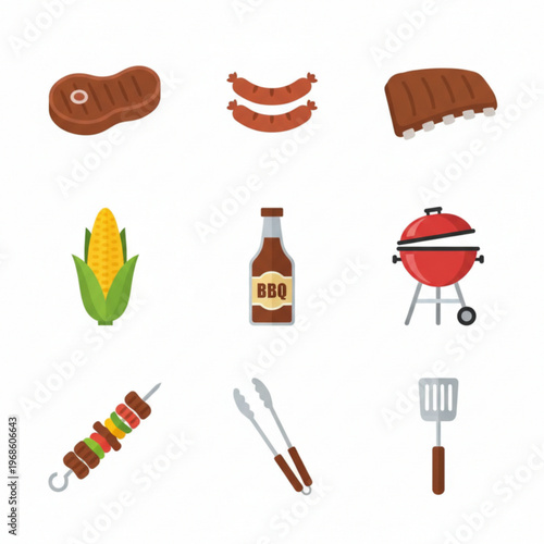 Flat barbecue food vector set in grid layout with grilled meat ingredients and cooking tools isolated on white