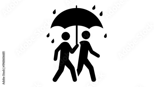 Vector illustration of two stylized figures walking together under a single purple umbrella in the rain, representing love, romance, partnership, protection, and support. Minimalist flat design icon